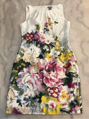 Ann Taylor White Satin Mini Dress with Pink & Yellow Floral Print